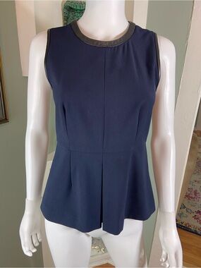 Madewell Navy Blue Sleeveless Peplum Shirt Top Blouse Black Faux Leather Trim 0